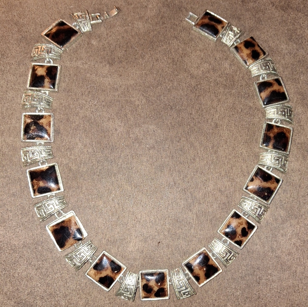 Vintage Tortoiseshell, Animal Print Greek Meander Statement Necklace - Picture 3 of 7